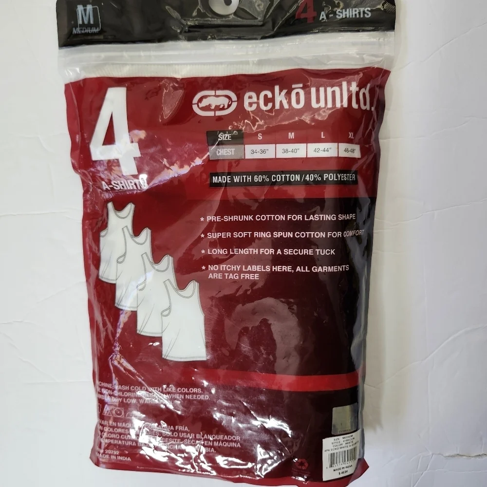 Ecko Mens Ribbed White A Shirts Medium 4 Pack Athletic Undershirt Muscle Shirt